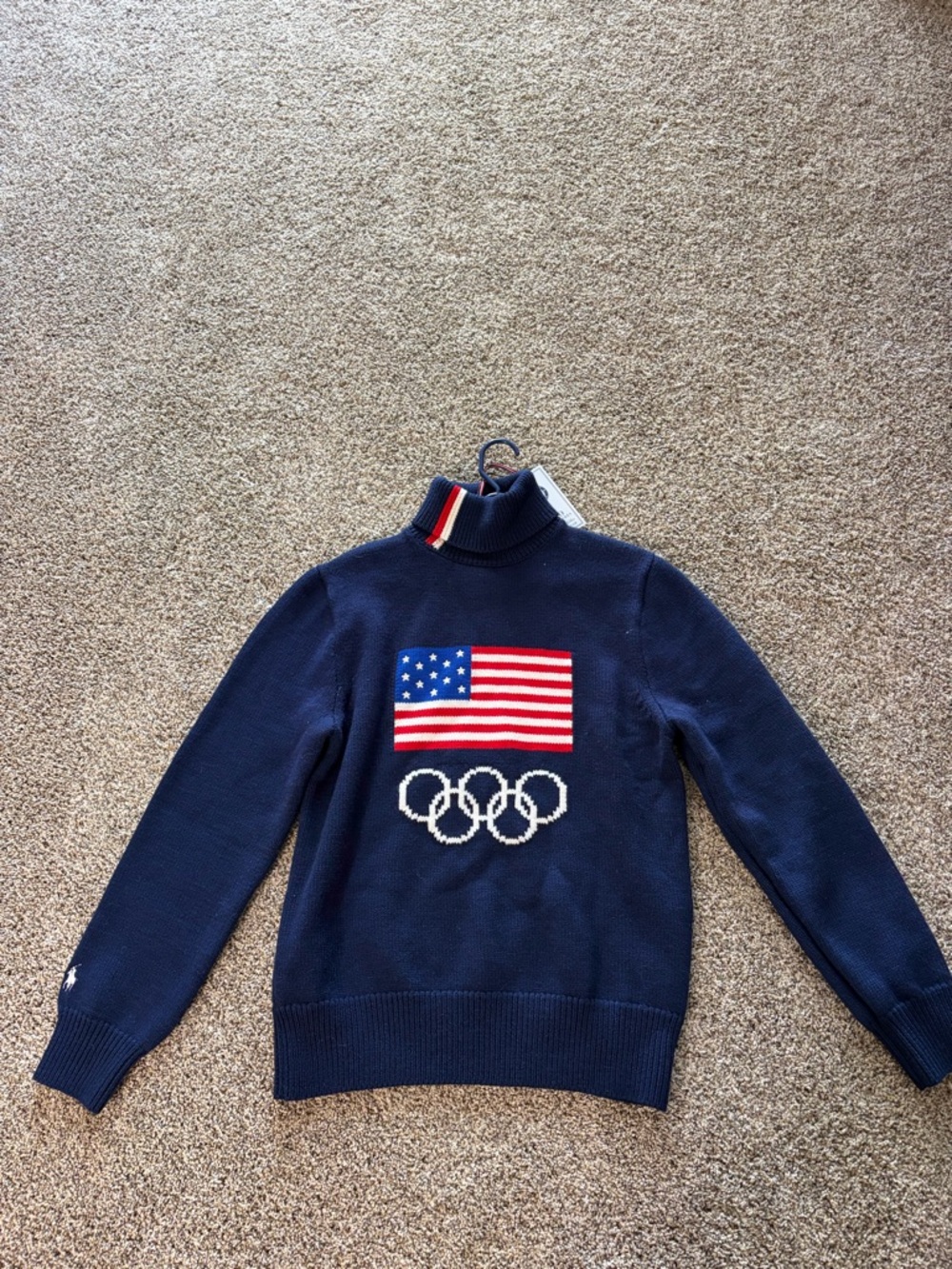 Ralph Lauren Navy Turtleneck Sweater with American Flag & Olympic Rings